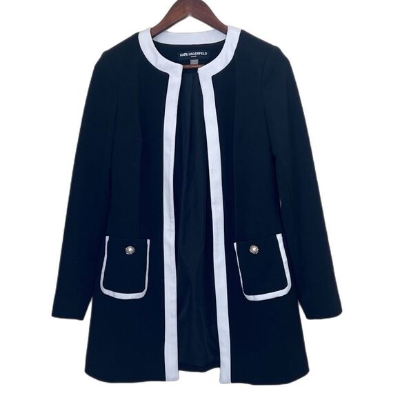 Karl Lagerfeld Open Front Mid-Length Blazer With Pearl Buttons - Picture 1 of 6